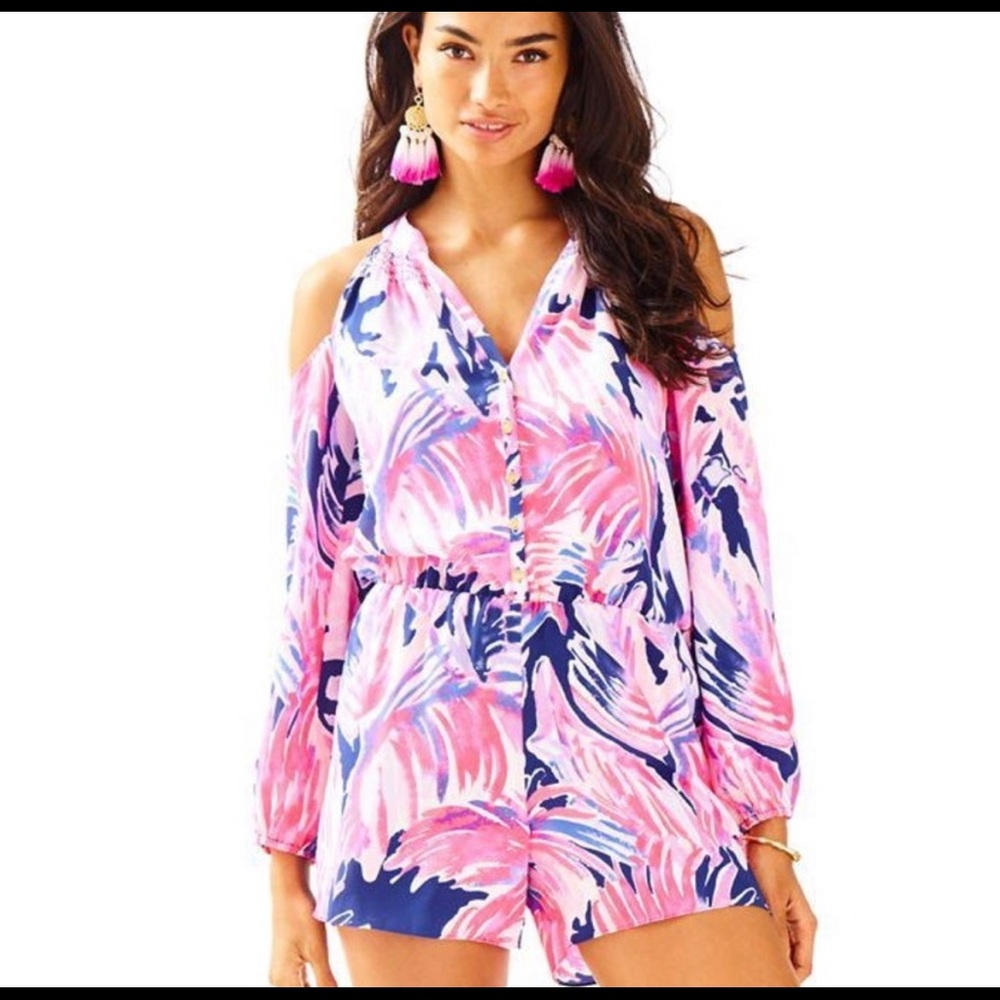 Lilly Pulitzer Sunny Shoulder Elsa Silk Romper in True Blue Paradise Point